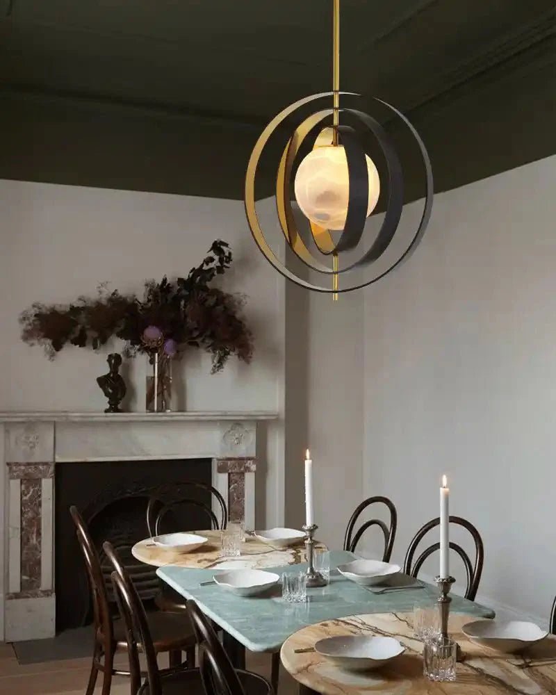 White Alabaster Round Ceiling Pendant Lamp - Gold & Bronze Rotatable Ring - 7 light - L70*W57*H71CM/L28"*W23"*H28" - SquareBlushlighting