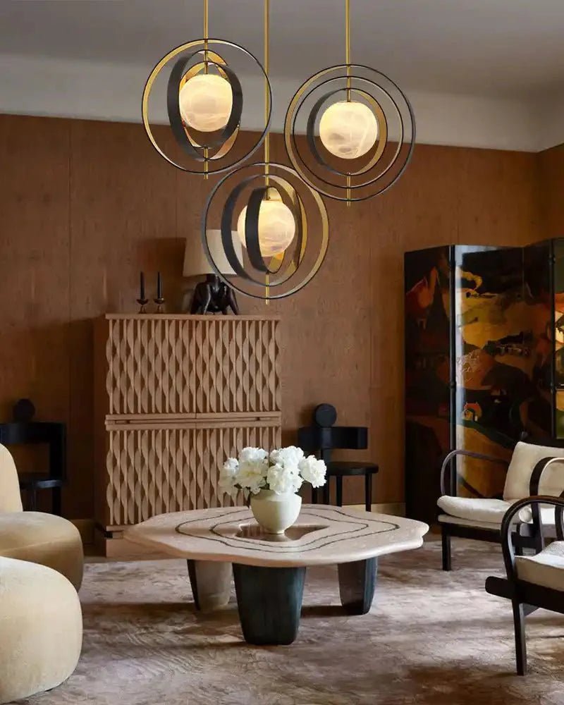 White Alabaster Round Ceiling Pendant Lamp - Gold & Bronze Rotatable Ring - 7 light - L70*W57*H71CM/L28"*W23"*H28" - SquareBlushlighting
