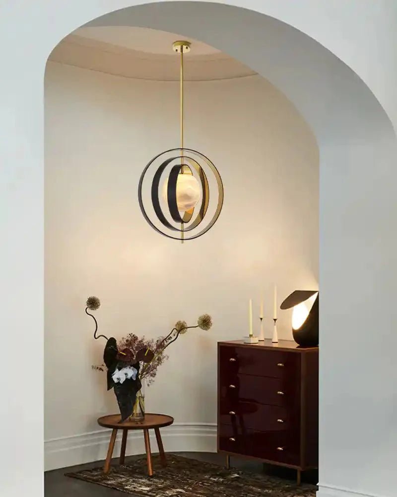 White Alabaster Round Ceiling Pendant Lamp - Gold & Bronze Rotatable Ring - 7 light - L70*W57*H71CM/L28"*W23"*H28" - SquareBlushlighting