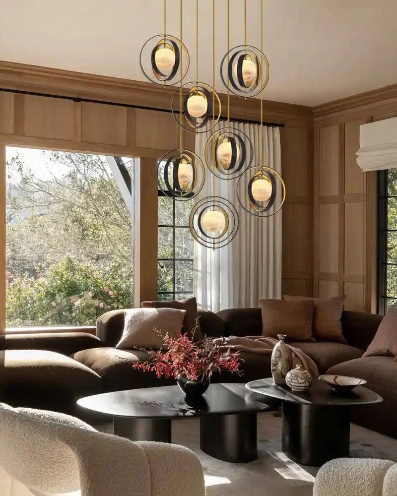 White Alabaster Round Ceiling Pendant Lamp - Gold & Bronze Rotatable Ring - 7 light - L70*W57*H71CM/L28"*W23"*H28" - SquareBlushlighting