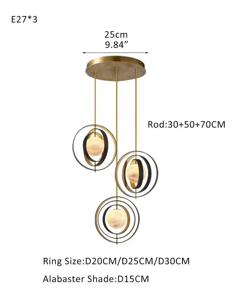 White Alabaster Round Ceiling Pendant Lamp - Gold & Bronze Rotatable Ring - 3 light - L70*W57*H71CM/L28"*W23"*H28" - RoundBlushlighting
