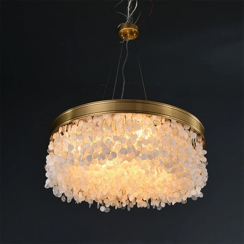 White Leaves Brass Framework Round Chandelier-