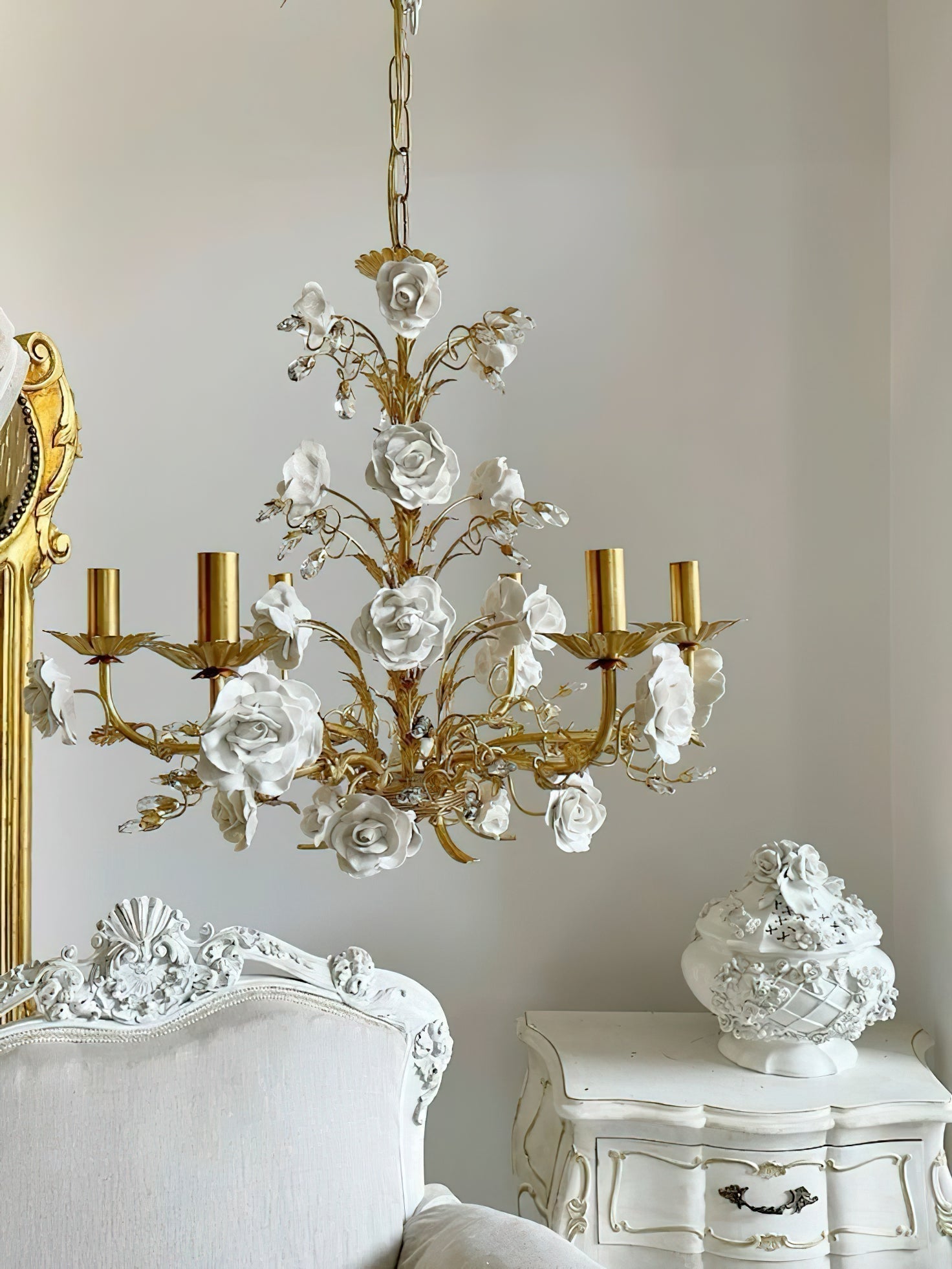 White Rose Crystal Chandelier - 6 lights ∅ 22.8″ x H 24.8″Gold & WhiteBlushlighting