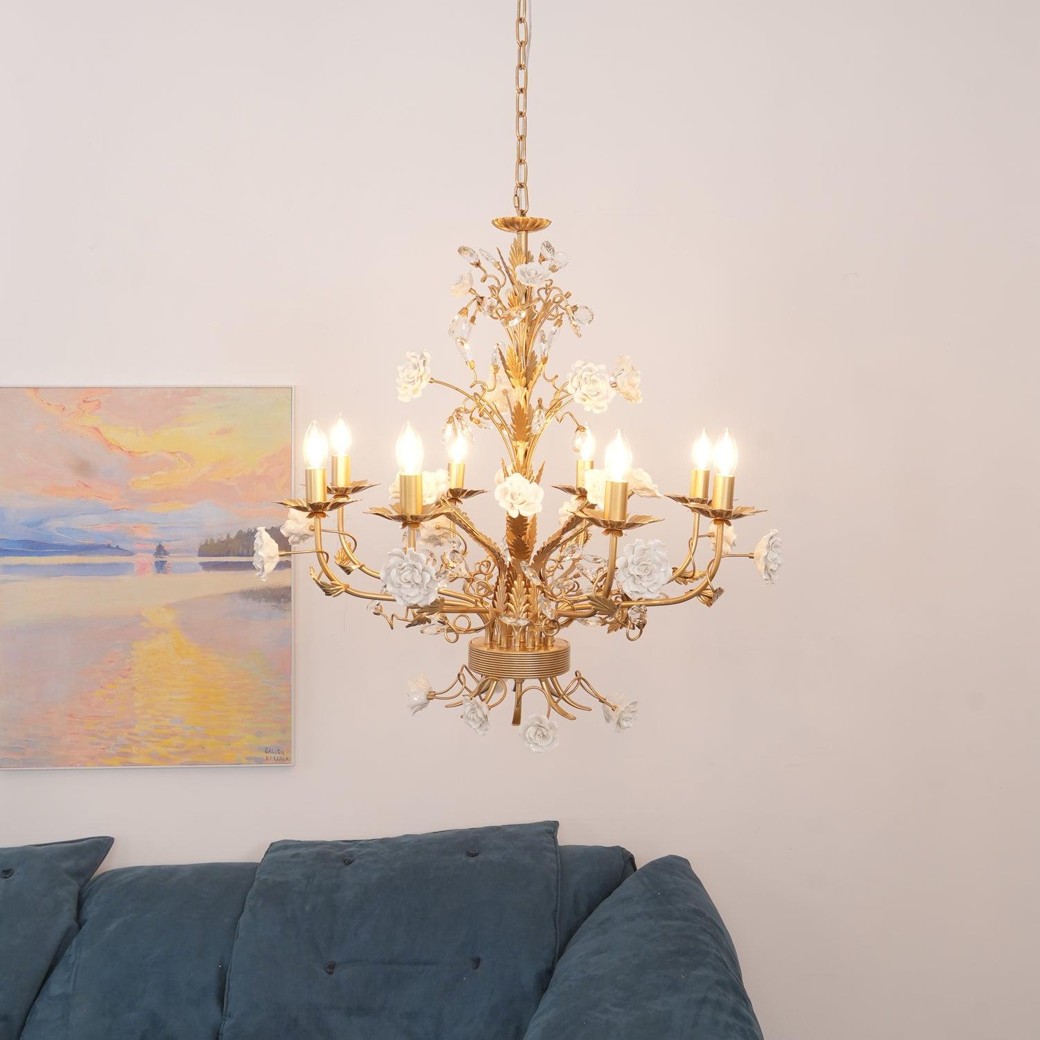 White Rose Crystal Chandelier - 6 lights ∅ 22.8″ x H 24.8″Gold & WhiteBlushlighting