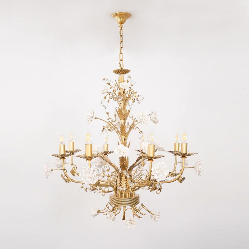 White Rose Crystal Chandelier - 8 lights ∅ 31.5″ x H 29.5″Gold & WhiteBlushlighting