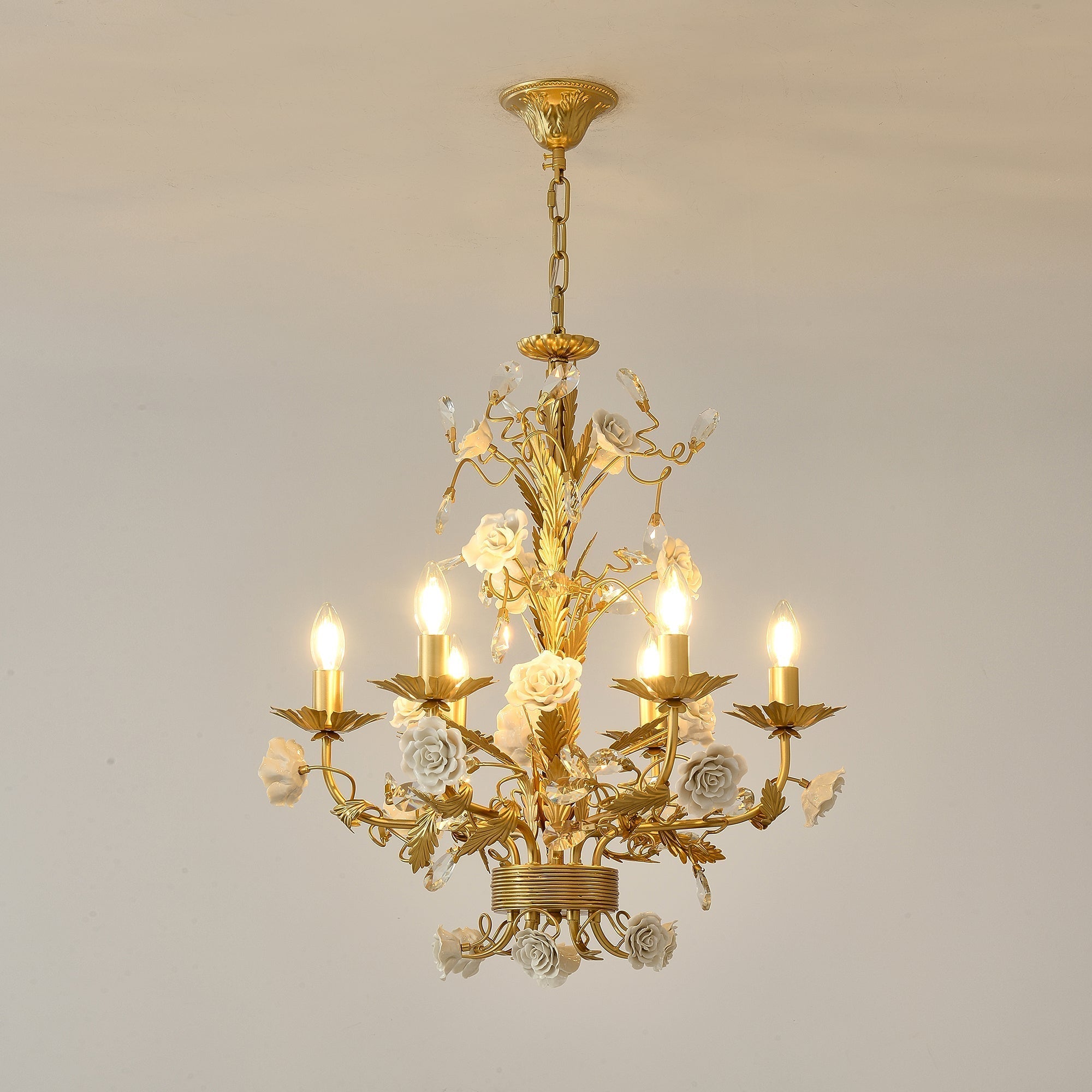 White Rose Crystal Chandelier - 6 lights ∅ 22.8″ x H 24.8″Gold & WhiteBlushlighting