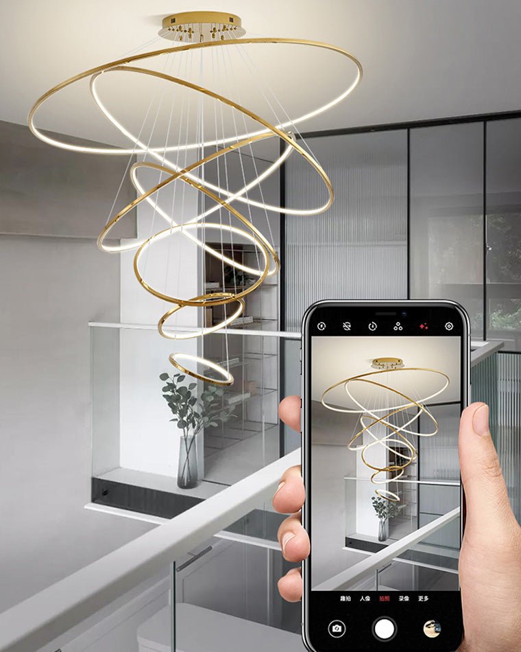WOMO Large Tiered Ring LED Foyer Chandelier-WM2160 - 8 RingsGolden3 White Colors & Dimmable with RemoteBlushlighting