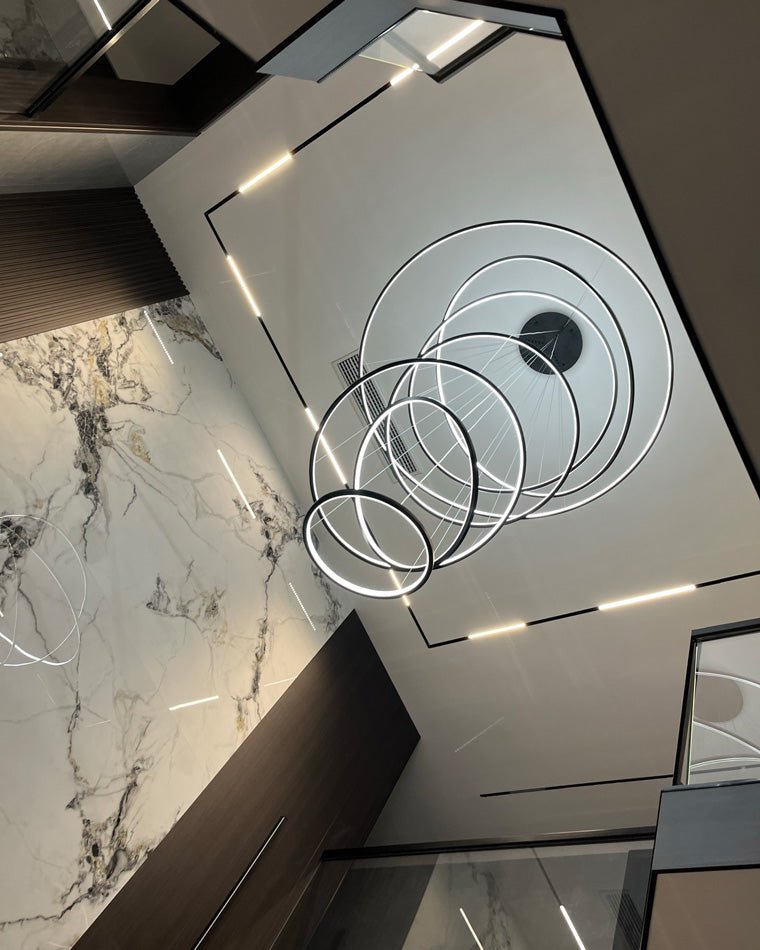 WOMO Large Tiered Ring LED Foyer Chandelier-WM2160 - 7 RingsShiny Black3 White Colors & Dimmable with RemoteBlushlighting
