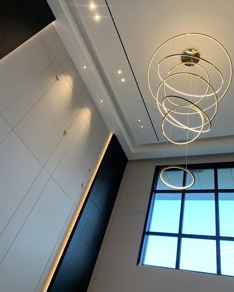 WOMO Large Tiered Ring LED Foyer Chandelier-WM2160 - 7 RingsShiny Black3 White Colors & Dimmable with RemoteBlushlighting
