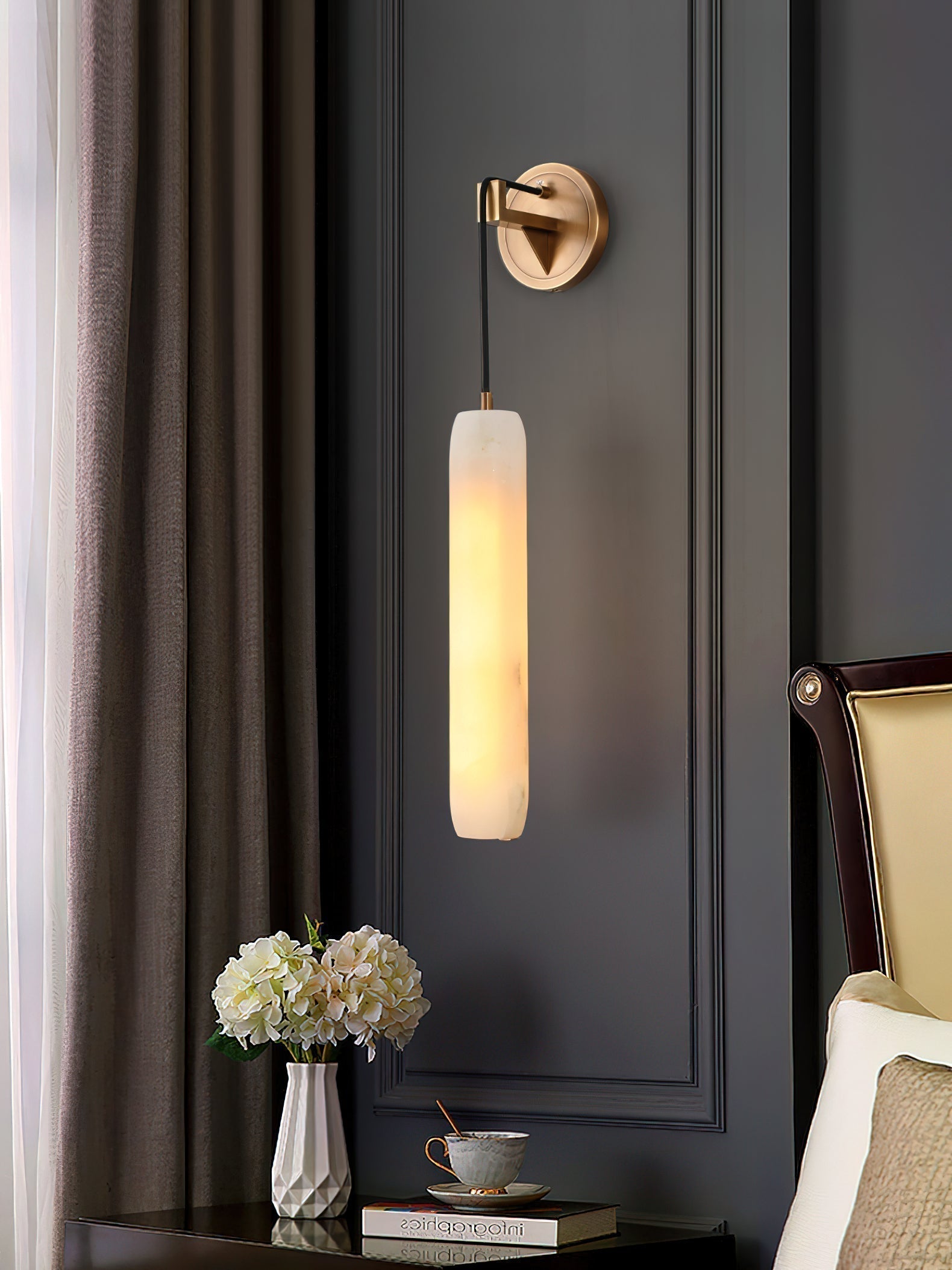 Wrenna Alabaster Flute Wall Lamp - D 7cm x H 38cm / ∅ 2.8″ x H 15″Brass＆White1 pieceBlushlighting