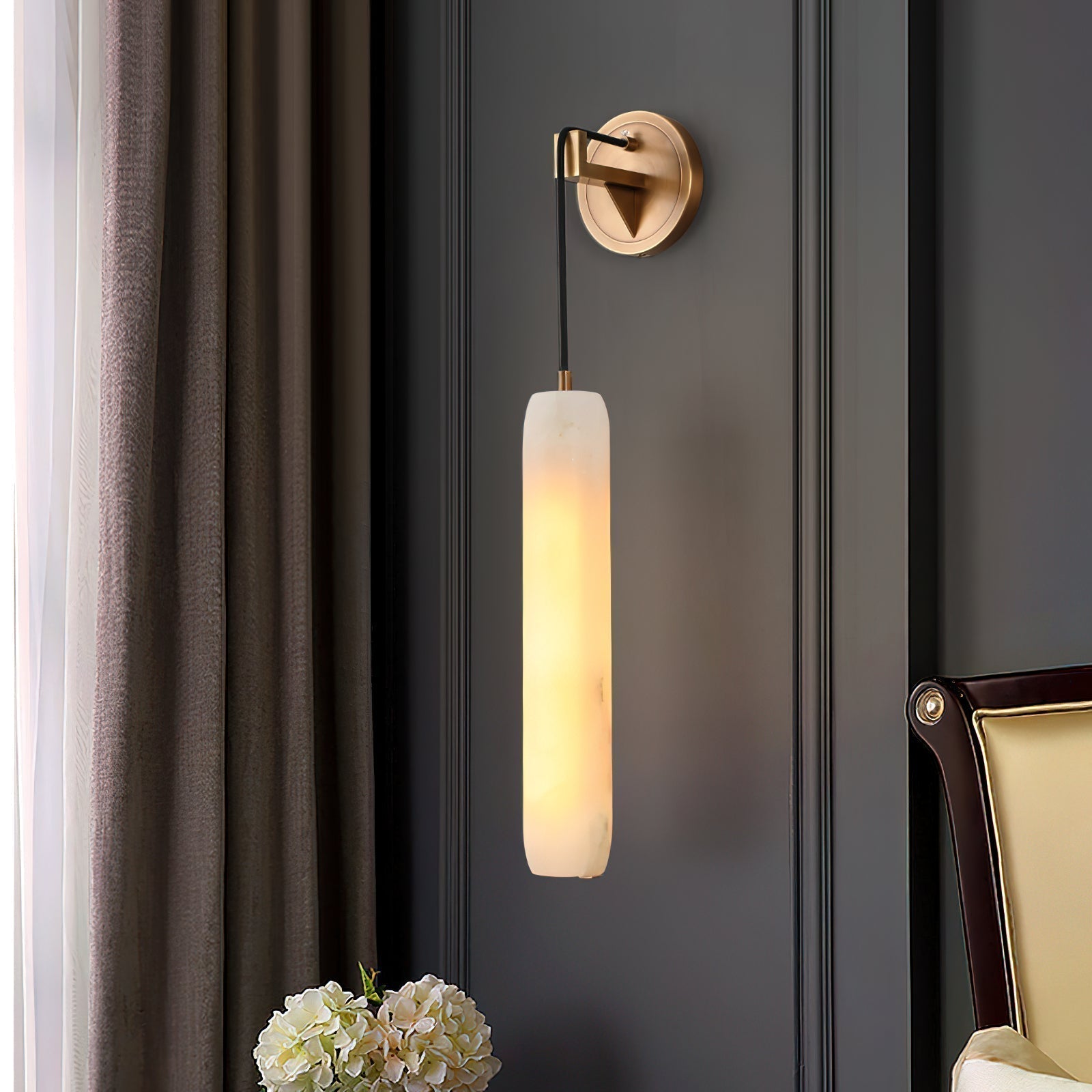 Wrenna Alabaster Flute Wall Lamp - D 7cm x H 38cm / ∅ 2.8″ x H 15″Brass＆White1 pieceBlushlighting
