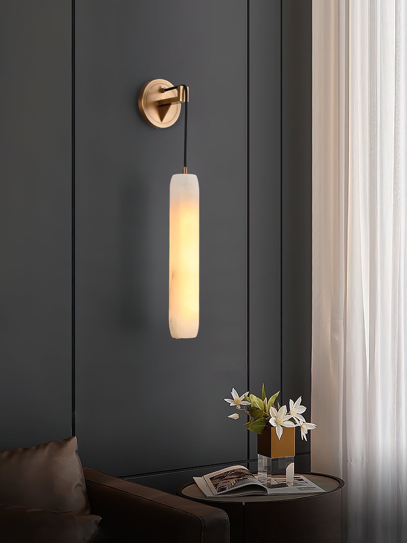 Wrenna Alabaster Flute Wall Lamp - D 7cm x H 38cm / ∅ 2.8″ x H 15″Brass＆White1 pieceBlushlighting