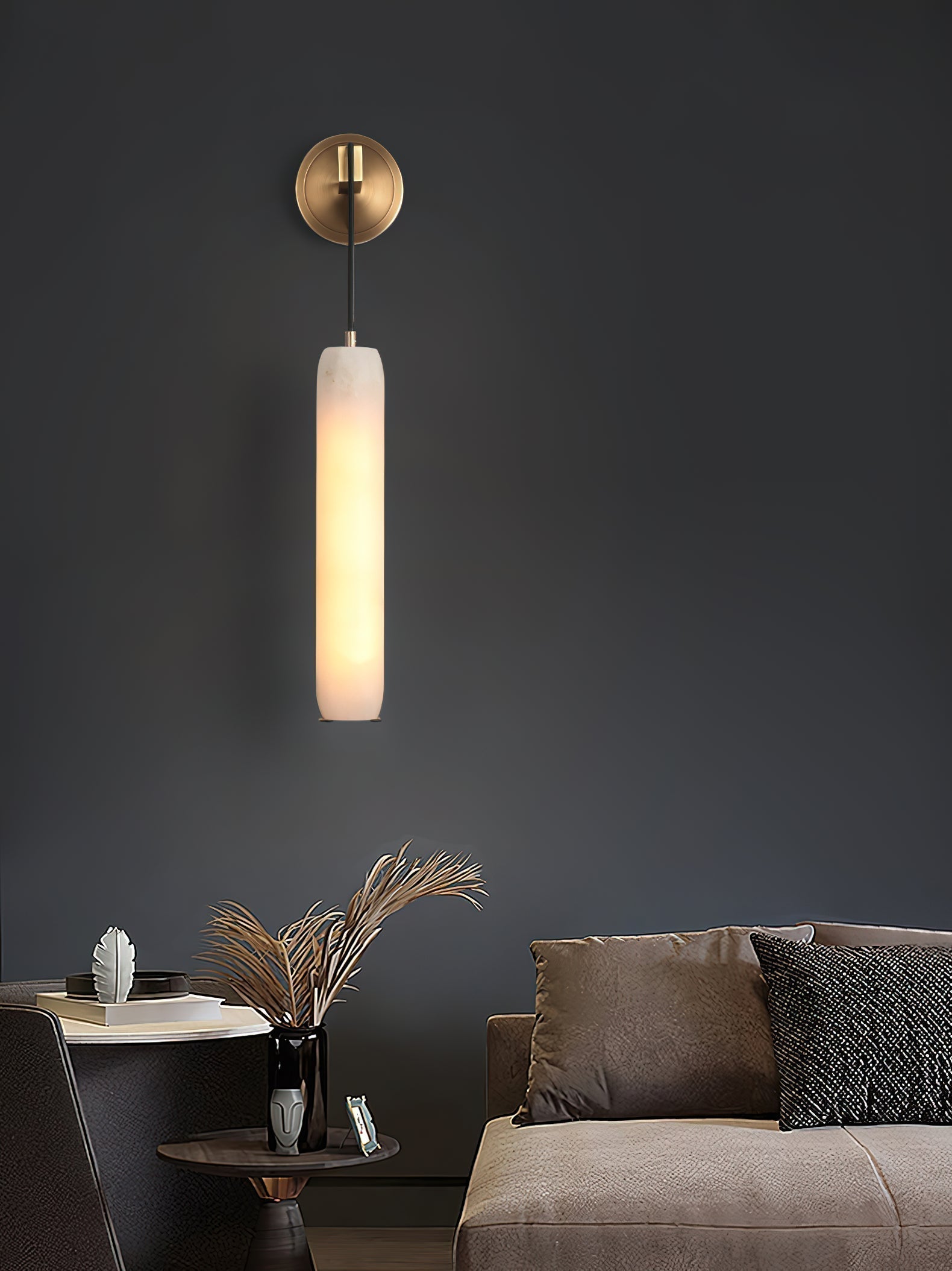 Wrenna Alabaster Flute Wall Lamp - D 7cm x H 38cm / ∅ 2.8″ x H 15″Brass＆White1 pieceBlushlighting