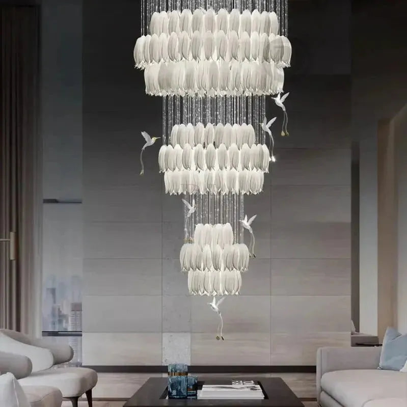 Yina White Ceramic Tulip Chandelier For Staircase-Chandeliers-Blushlighting-Blushlighting