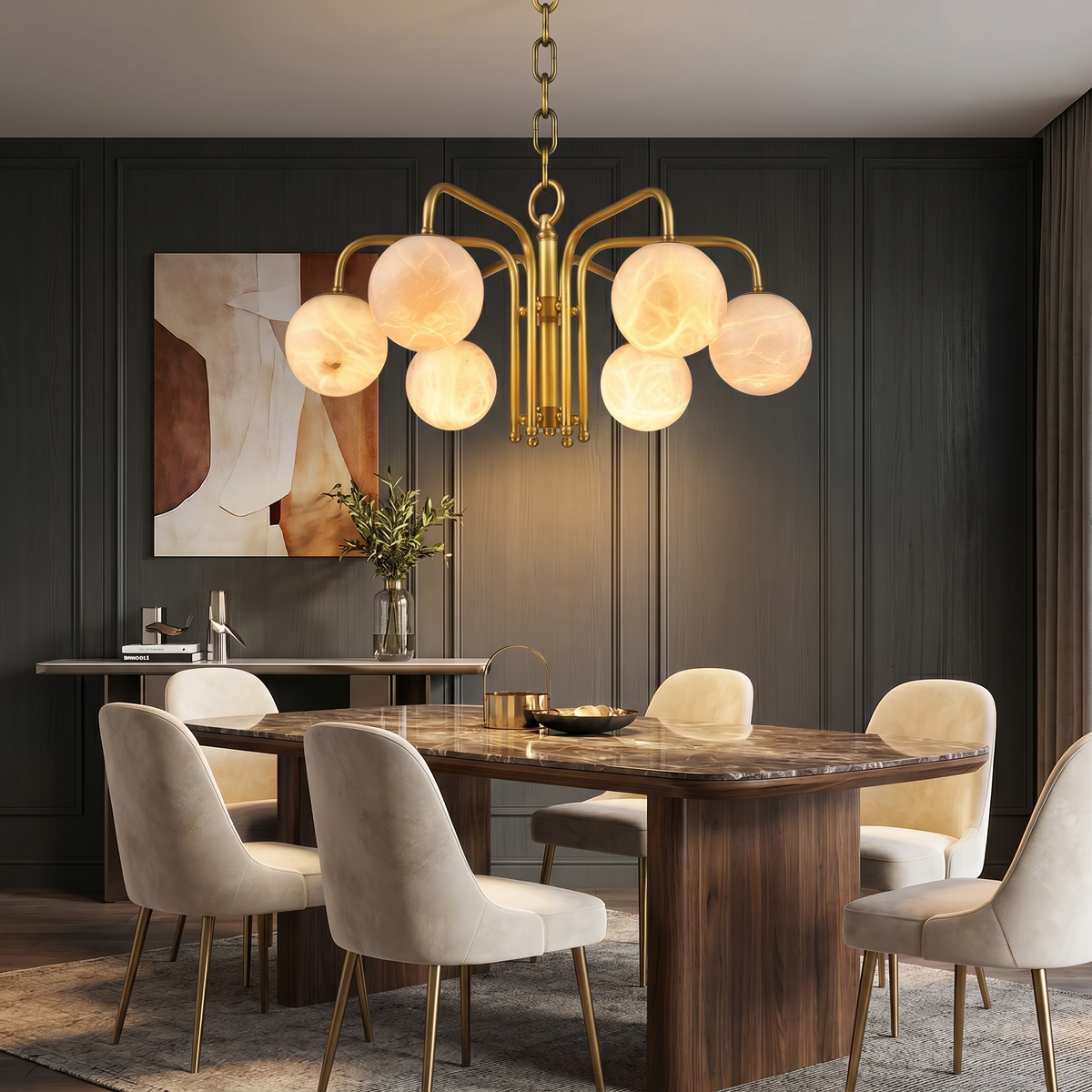 Brass 6-orb Alabaster Pendant Light — D730 — mra-brass-6-orb-70037-d730-scene-1