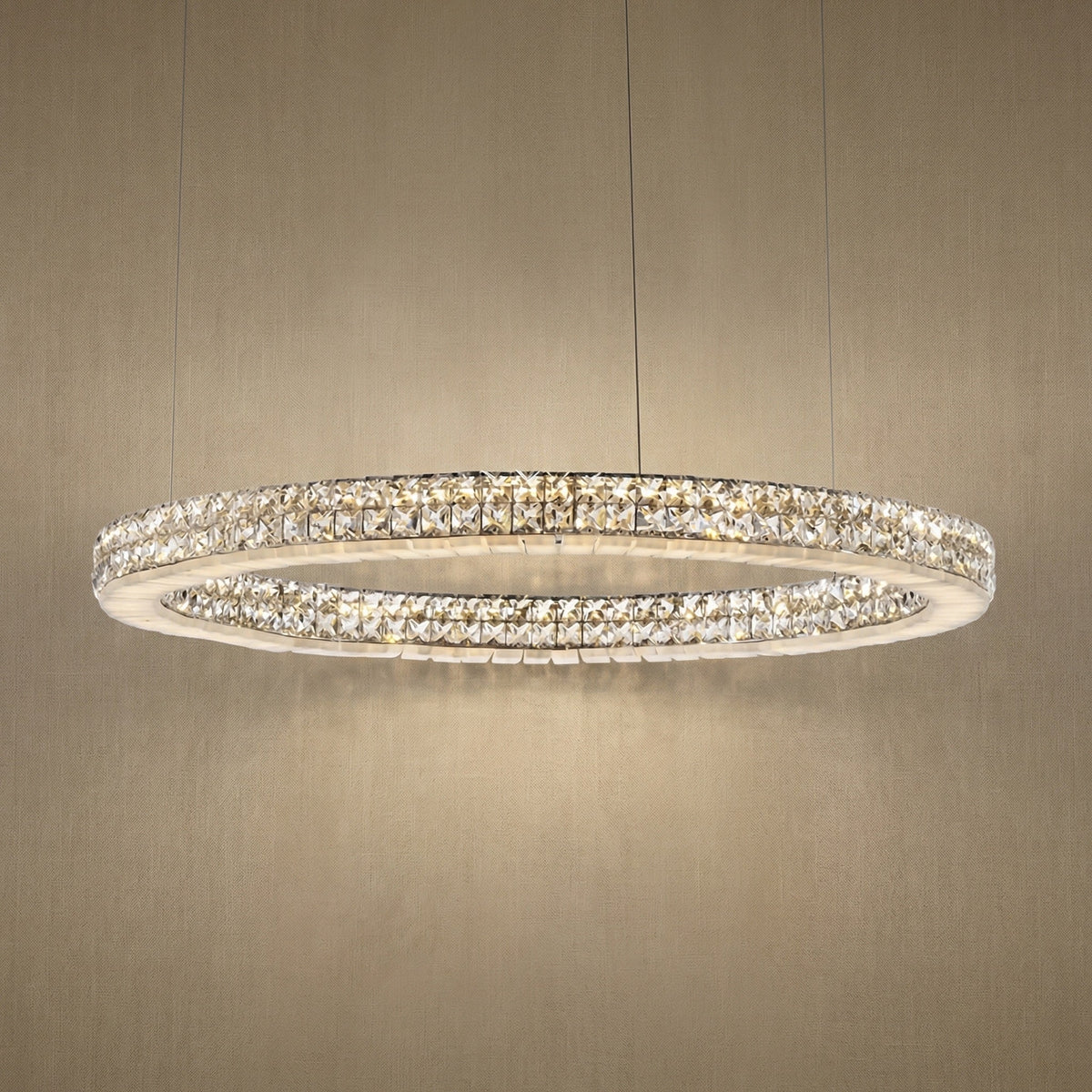 Yiosi Vera 31 inch crystal & alabaster ring chandelier with chrome finish — modern dining pendant